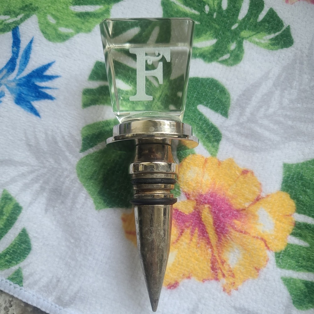 Elegant Glass Wine Bottle Stopper Clear Monogrammed "F" Chrome Topper